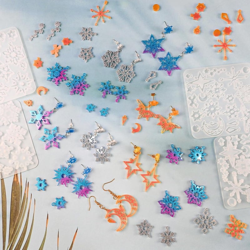 ZQYSING 4 Pack Snowflake Resin Earring Molds with Holes, Christmas Resin Molds Various Shapes Snowflakes Moon Star Silicone Mold for Stud Dangle Drop Earring Pendant Keychain Handmade Jewelry Gift - Image 2